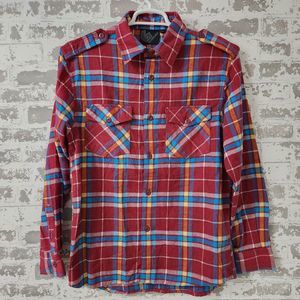 Burnside Flannel Shirt Mens Large Long Sleeve Plaid Red, Blue Yellow, & White